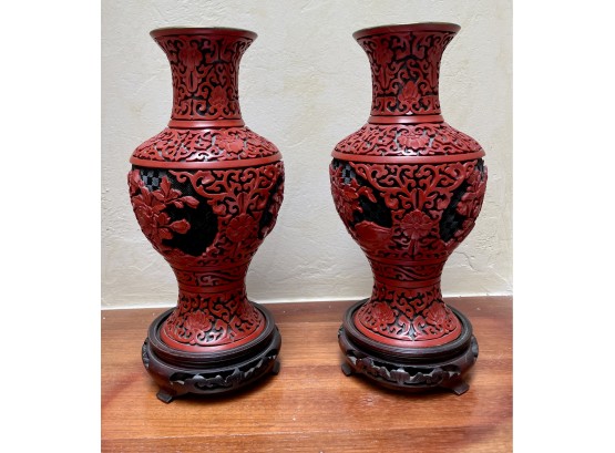Cinnabar Vases On Pedestals