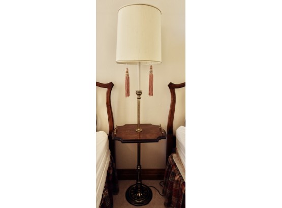 Brass Accent Vintage Wood Table With Attached Lamp