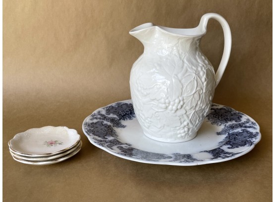 White Wedgwood Pitcher With Blue Flow Plate & Small Ceramic Dishes