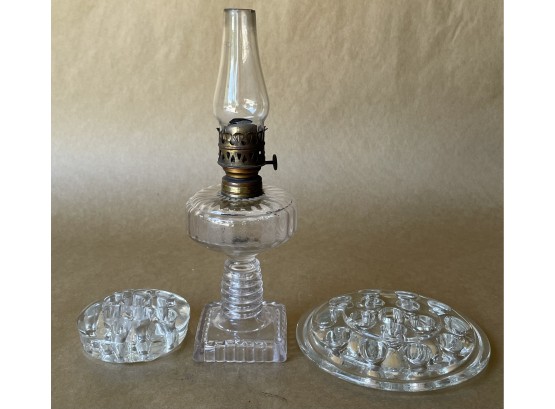 Vintage Small Glass Oil Lamp And Flower Frogs