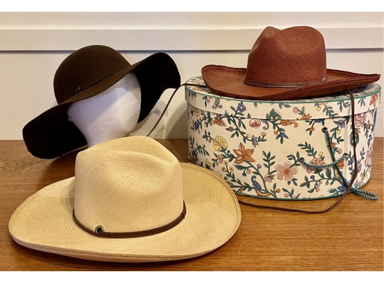 1 Felt And 2 Straw Hats With Box