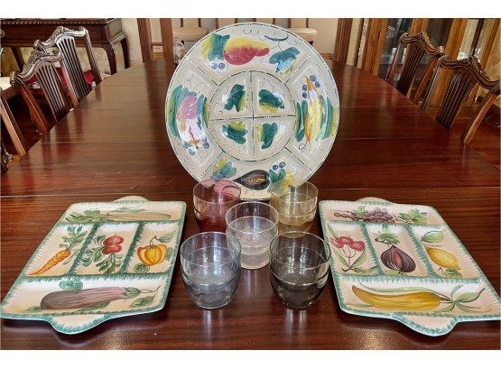 Hand Painted Italian Platters With Iridescent Glass Bowls