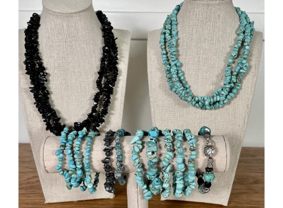 Turquoise And Black Stone Multistrand Necklaces And Bracelets