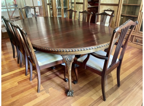 Mahogany Dining Room Table With 2 Arm Chairs, 6 Side Chairs, & 5 Leaves, Dated 1915