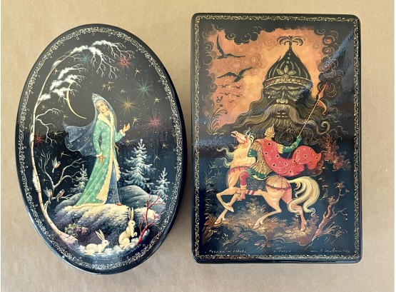 Vintage Hand Painted & Signed Russian Lacquered Boxes From Kholui Village