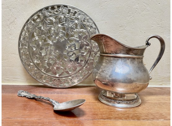 Sterling Plate, Pitcher And Spoon