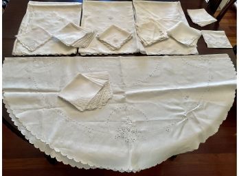 Antique Hand Embroidered Table Cloth & Napkins, Including 50' Round