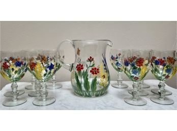 Hand Painted Set Of 12 Floral Steamware And Pitcher