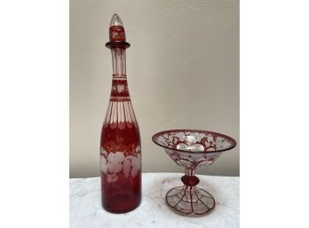 Glass Decanter And Footed Dish With Grapevine Motif