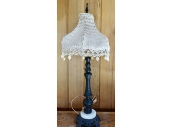 Metal Table Lamp With Stone Base And Woven Shade