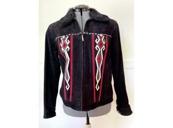 Cripple Creek Black Suede Jacket With Wool & Suede Appliqu & Fur Collar