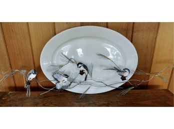 White Ironstone Platter And Metal Chick A Dee Wall Art