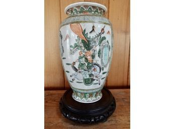 Hand Painted Asian Vase With Wood Stand