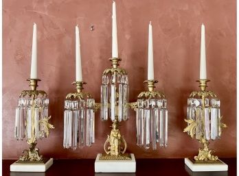 Gilt Lustre Candle Holders With Marble Bases And Faux Candles