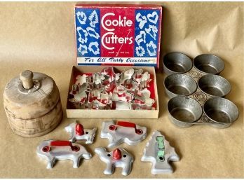 Assorted Vintage Kitchen Items, Including Cookie Cutters, Butter Mold & Muffin Dish