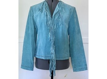 Scully Sz Med Blue Suede Fringed Jacket With Hook/Eye Closures