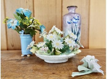 Italian Porcelian Flowers, Glass Japanese Bouquet, And Bud Vase
