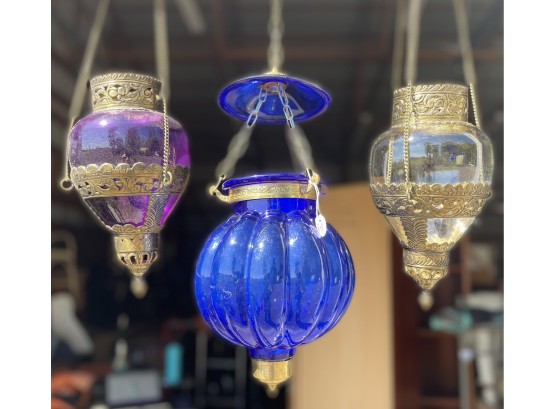 3 Gorgeous Glass And Brass Hanging Lanterns With 2 Wall Hooks
