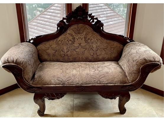 Carved Wood And Upholstered Settee Loveseat