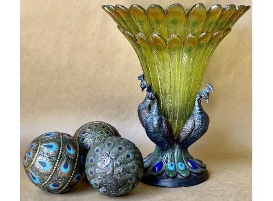 Peacock Motif Vase With Decorative Balls