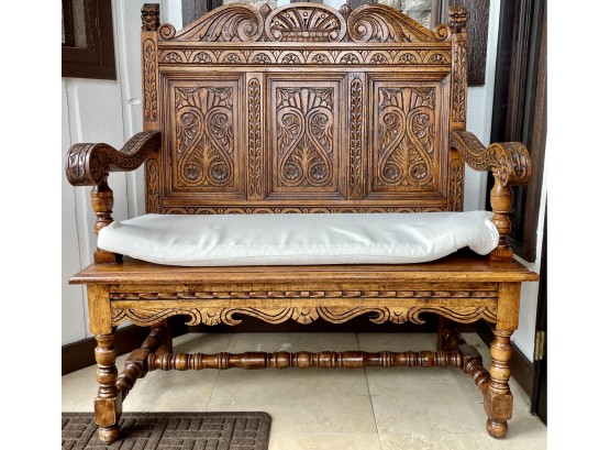 Gorgeous Indonesian Teak Carved Bench With Cushion