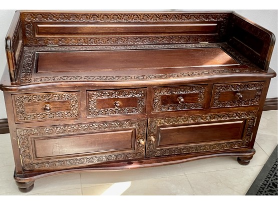 Ornately Carved Bench With Drawers And Cabinet Below