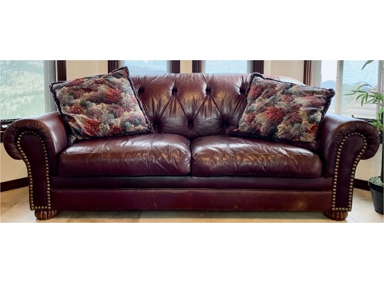 Gorgeous Brown Leather Flexsteel Sofa With Studded Arms And Tufted Back