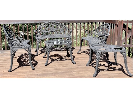 3 Heavy Outdoor Iron Benches With 2 Tables, 1 Needs Glass Insert