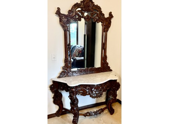 Marble Top Ornately Carved Entry Table With Matching Mirror