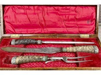 Antique Wood And Filigree Handled Carving Set In Box