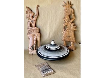 Large Vessel, Carved Wood Wall Art, & Small Primitive Instrument