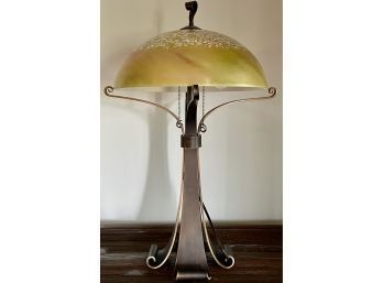 Metal Table Lamp With Painted Glass Shade