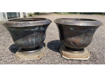 2 Large Metal Outdoor Urn Planters With Great Patina