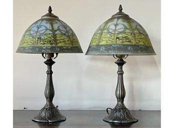 2 Art Nouveau Style Table Lamps With Glass Shades And Metal Bases