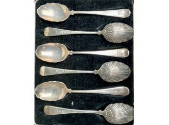 6 Antique Sterling Teaspoons In Case With Beautiful Detail To Back