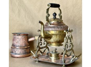Brass & Copper Coffee Tea Kettle With Warmer And Pourer