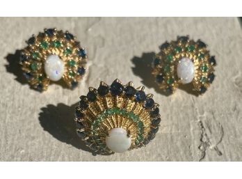 1988 Franklin Mint 14k 585 Peacock Ring And Earrings With Opal, Emerald, & Sapphire