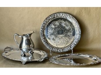 Assorted Silver Plate Trays & Pitcher