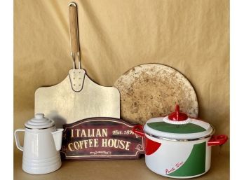 Italian Kitchen Tools & Dcor Including Pasta Pot, Coffee Maker, Pizza Stone, & Pizza Peel