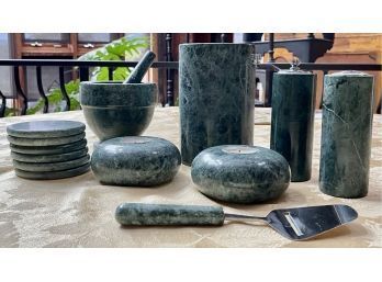 Green Marble Wine Holder, Salt/pepper, Mortar/pestle, Coasters, Candle Holders, And Cheese Slicer