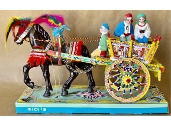 Vintage Gidi's Sicilian Hand Crafted Wood Horse And Cart In Original Box