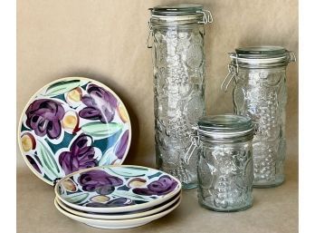 3 Glass Cannisters With Fruit Motif & 4 Fioriware Plates