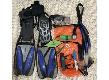 Assorted Scuba Diving Gear, Including Fins, Booties, Masks, Dive Knife, Snorkel And More