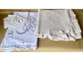Vintage Hand Embroidered Tablecloth, Hand Crocheted Bedspread, & More