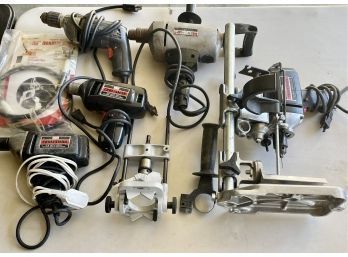 Large Collection Of Corded Drills With Drill Press Attachments