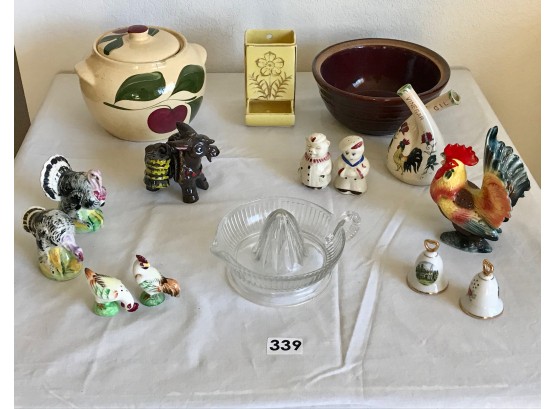 Vintage Kitchen Ceramics & Glass Salt/Pepper Shakers, Cookie Jar, Match Holder, Juicer, Cruet, & More