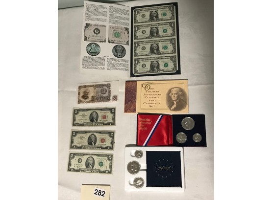2 US Bicentennial Silver Proof Sets (40% Silver), The Thomas Jefferson Coinage & Currency Set, & Assorted Curr