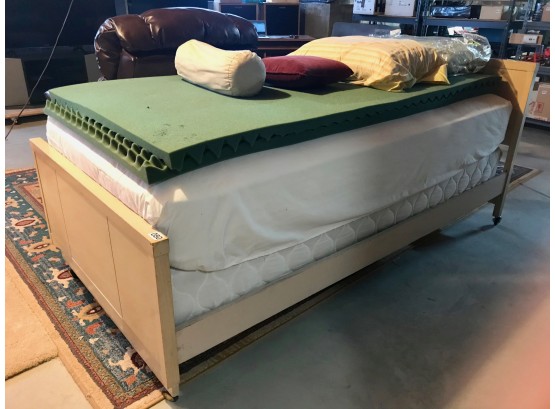 Mid Century Twin Bed On Rollers W/Mattress, Boxspring, Frame, & Foam Pad