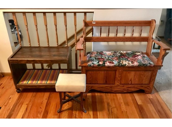 Storage Bench Filled W/Hand Crocheted Items, TV Cart, & Stool