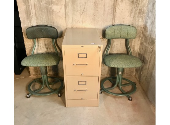 2 Cool Industrial Work Chairs & Locking Filing Cabinet W/key